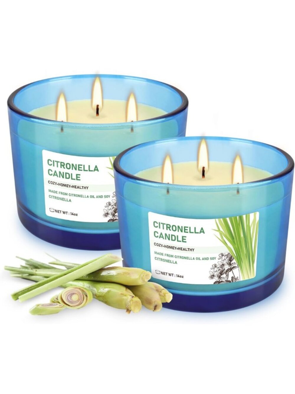 Set of 2 Large 14oz 3-Wick Citronella Candles for Outdoor & Indoor Use